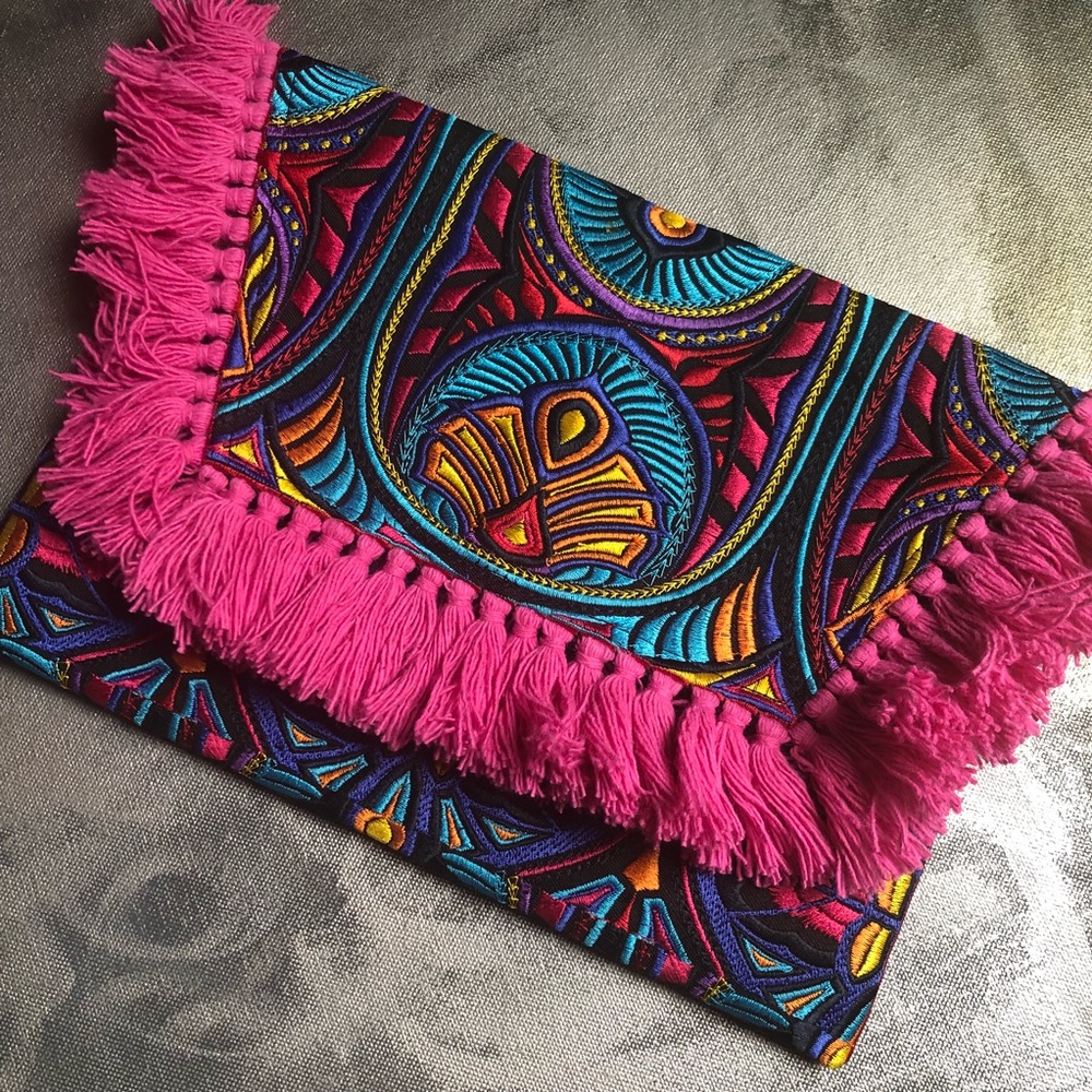 NWT Boho Ibiza pink tassel fringe envelope clutch - Picture 4 of 6